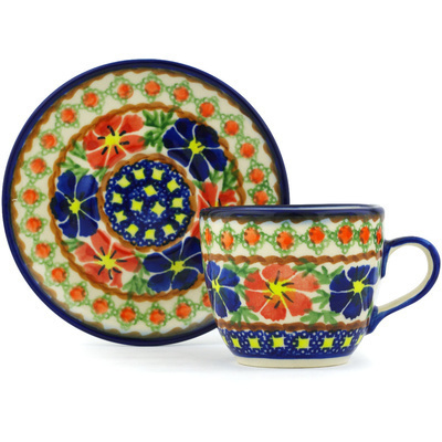Polish Pottery Cup with Saucer 7 oz Paradise Poppy