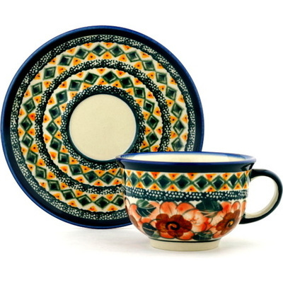 Polish Pottery Cup with Saucer 7 oz Peach Poppies UNIKAT