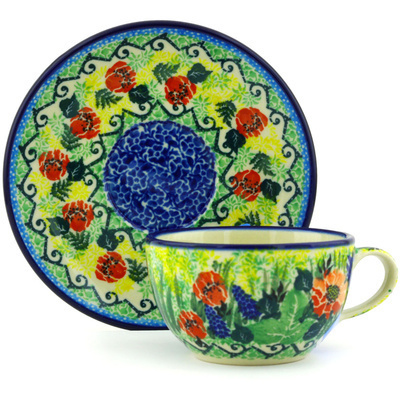 Polish Pottery Cup with Saucer 7 oz Peach Rose Meadow UNIKAT