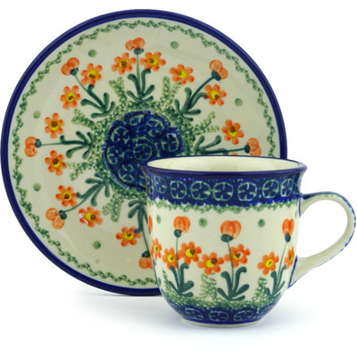 Polish Pottery Cup with Saucer 7 oz Peach Spring Daisy