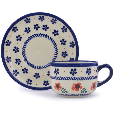 Polish Pottery Cup with Saucer 7 oz Peachy Keen