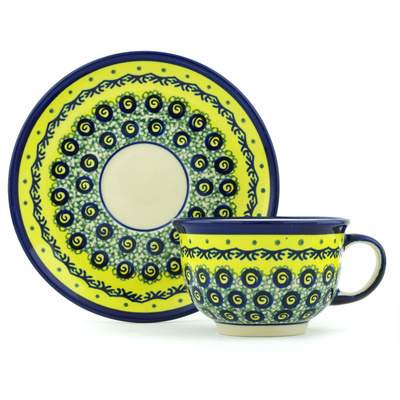 Polish Pottery Cup with Saucer 7 oz Peacock Bumble Bee
