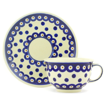 Polish Pottery Cup with Saucer 7 oz Peacock Dots