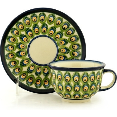 Polish Pottery Cup with Saucer 7 oz Peacock Feathers