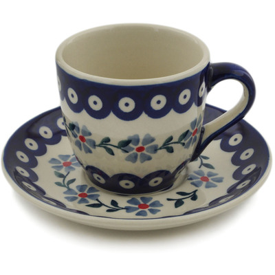 Polish Pottery Cup with Saucer 7 oz Peacock Forget-me-not