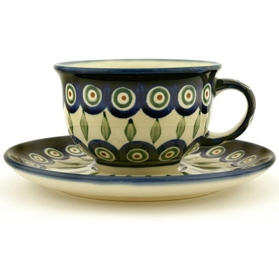 Polish Pottery Cup with Saucer 7 oz Peacock Leaves
