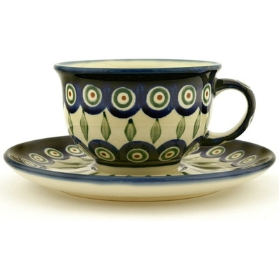 Polish Pottery Cup with Saucer 7 oz Peacock Leaves