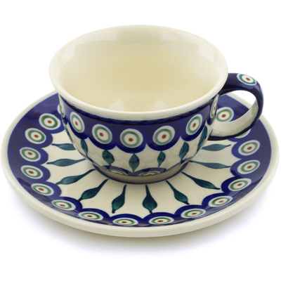 Polish Pottery Cup with Saucer 7 oz Peacock Leaves