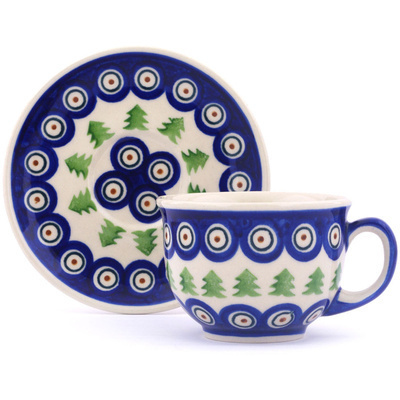 Polish Pottery Cup with Saucer 7 oz Peacock Pines
