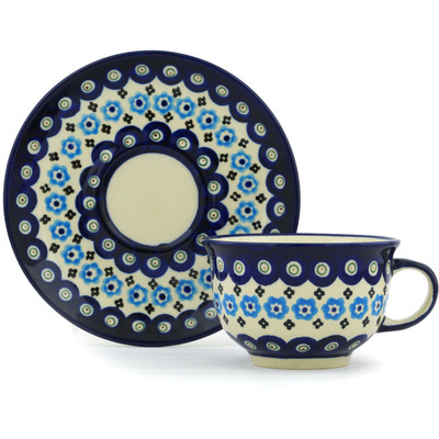 Polish Pottery Cup with Saucer 7 oz Peacock Poppy Chain