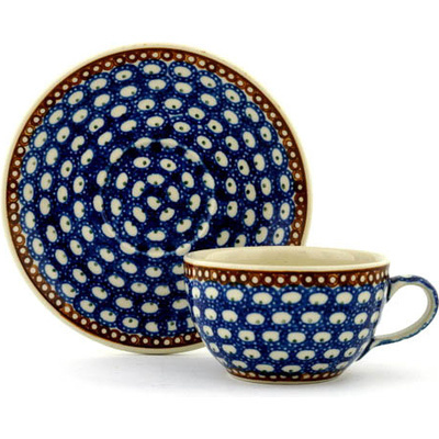 Polish Pottery Cup with Saucer 7 oz Peacock Rain