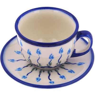 Polish Pottery Cup with Saucer 7 oz Peacock Tulip Garden