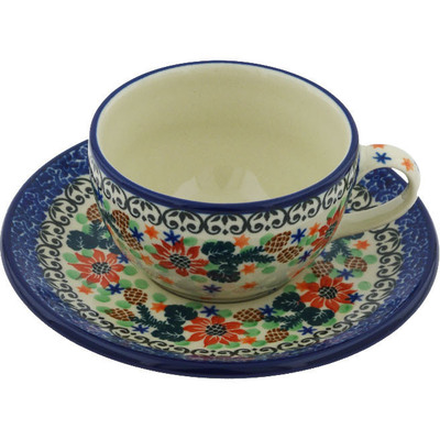 Polish Pottery Cup with Saucer 7 oz Pine Flower UNIKAT