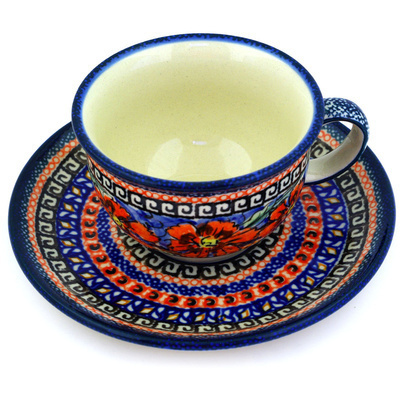 Polish Pottery Cup with Saucer 7 oz Poppies UNIKAT