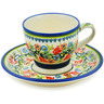 Polish Pottery Cup with Saucer 7 oz Poppies Wreath UNIKAT