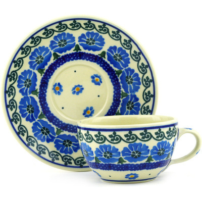 Polish Pottery Cup with Saucer 7 oz Poppy Circle