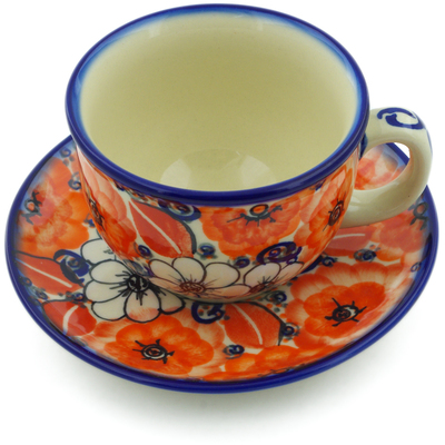 Polish Pottery Cup with Saucer 7 oz Poppy Passion