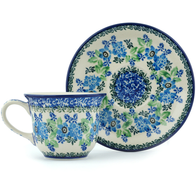 Polish Pottery Cup with Saucer 7 oz Pretty In Blue