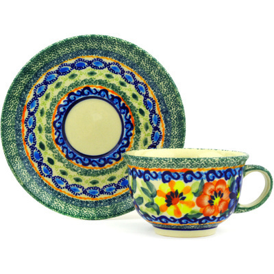 Polish Pottery Cup with Saucer 7 oz Primary Poppies UNIKAT