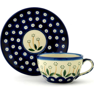 Polish Pottery Cup with Saucer 7 oz Pushing Daisy Peacock