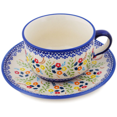 Polish Pottery Cup with Saucer 7 oz Rainbow Delight UNIKAT