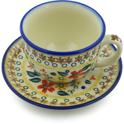 Polish Pottery Cup with Saucer 7 oz Red Anemone Meadow UNIKAT