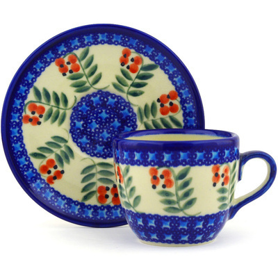 Polish Pottery Cup with Saucer 7 oz Red Berries