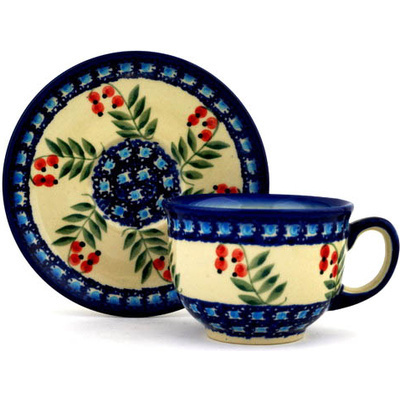 Polish Pottery Cup with Saucer 7 oz Red Berries
