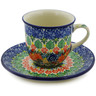 Polish Pottery Cup with Saucer 7 oz Red Bouquet UNIKAT