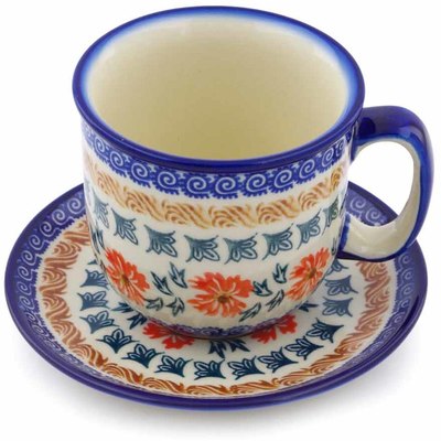Polish Pottery Cup with Saucer 7 oz Red Cornflower