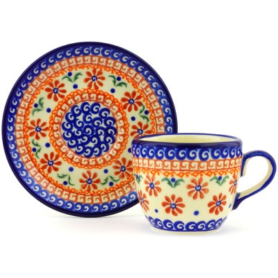Polish Pottery Cup with Saucer 7 oz Red Daisy