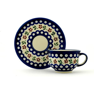 Polish Pottery Cup with Saucer 7 oz Red Daisy Peacock