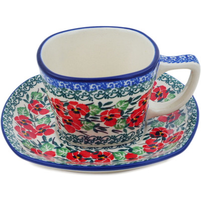 Polish Pottery Cup with Saucer 7 oz Red Pansy