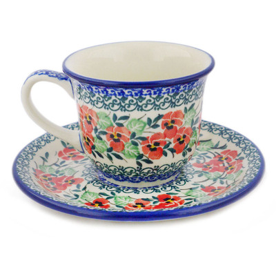 Polish Pottery Cup with Saucer 7 oz Red Pansy