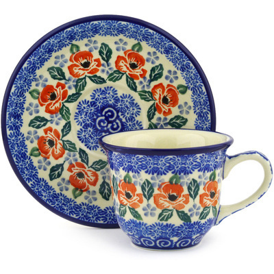 Polish Pottery Cup with Saucer 7 oz Red Poppies On Blue