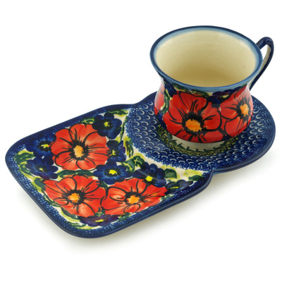 Polish Pottery Cup with Saucer 7 oz Red Star UNIKAT