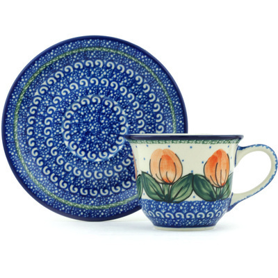 Polish Pottery Cup with Saucer 7 oz Red Tulip Circle UNIKAT