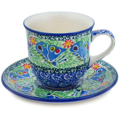 Polish Pottery Cup with Saucer 7 oz Ring Of Flowers UNIKAT