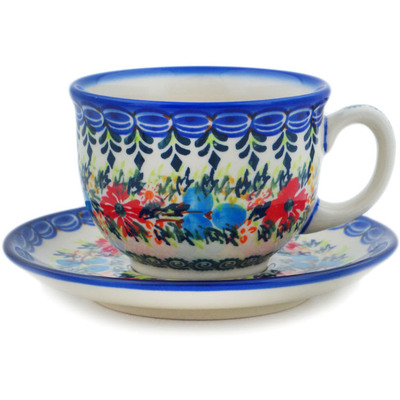 Polish Pottery Cup with Saucer 7 oz Ring Of Flowers UNIKAT