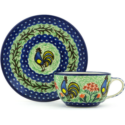 Polish Pottery Cup with Saucer 7 oz Rooster Dance UNIKAT