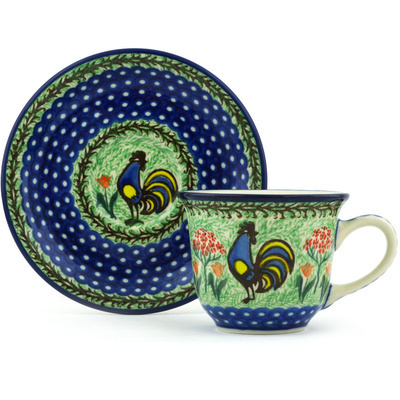 Polish Pottery Cup with Saucer 7 oz Rooster Dance UNIKAT