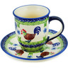 Polish Pottery Cup with Saucer 7 oz Rooster Strut UNIKAT