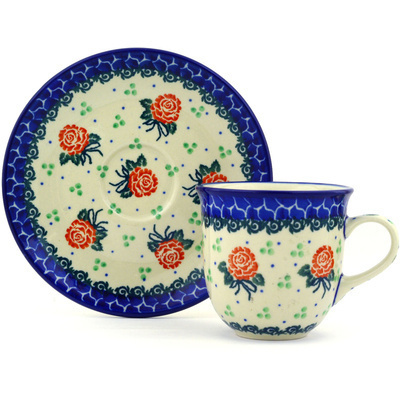 Polish Pottery Cup with Saucer 7 oz Rose Field