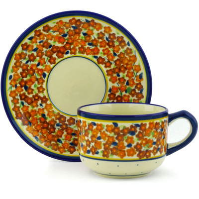 Polish Pottery Cup with Saucer 7 oz Russett Floral
