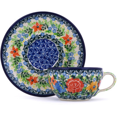 Polish Pottery Cup with Saucer 7 oz Sea Of Flowers UNIKAT