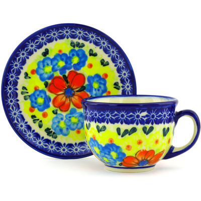 Polish Pottery Cup with Saucer 7 oz Shining Bright UNIKAT