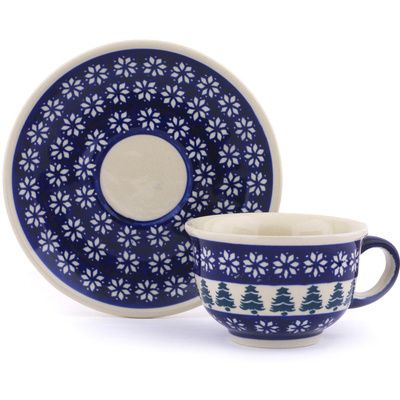 Polish Pottery Cup with Saucer 7 oz Snowflakes And Pines
