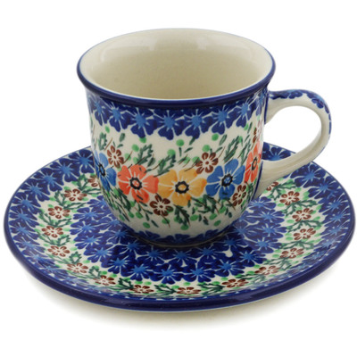 Polish Pottery Cup with Saucer 7 oz Spring Blooms UNIKAT