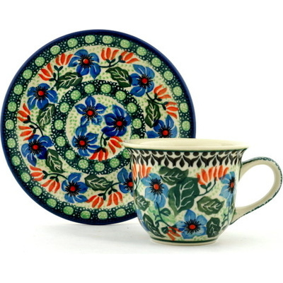 Polish Pottery Cup with Saucer 7 oz Spring Pea UNIKAT