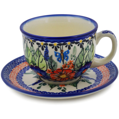 Polish Pottery Cup with Saucer 7 oz Spring Splendor